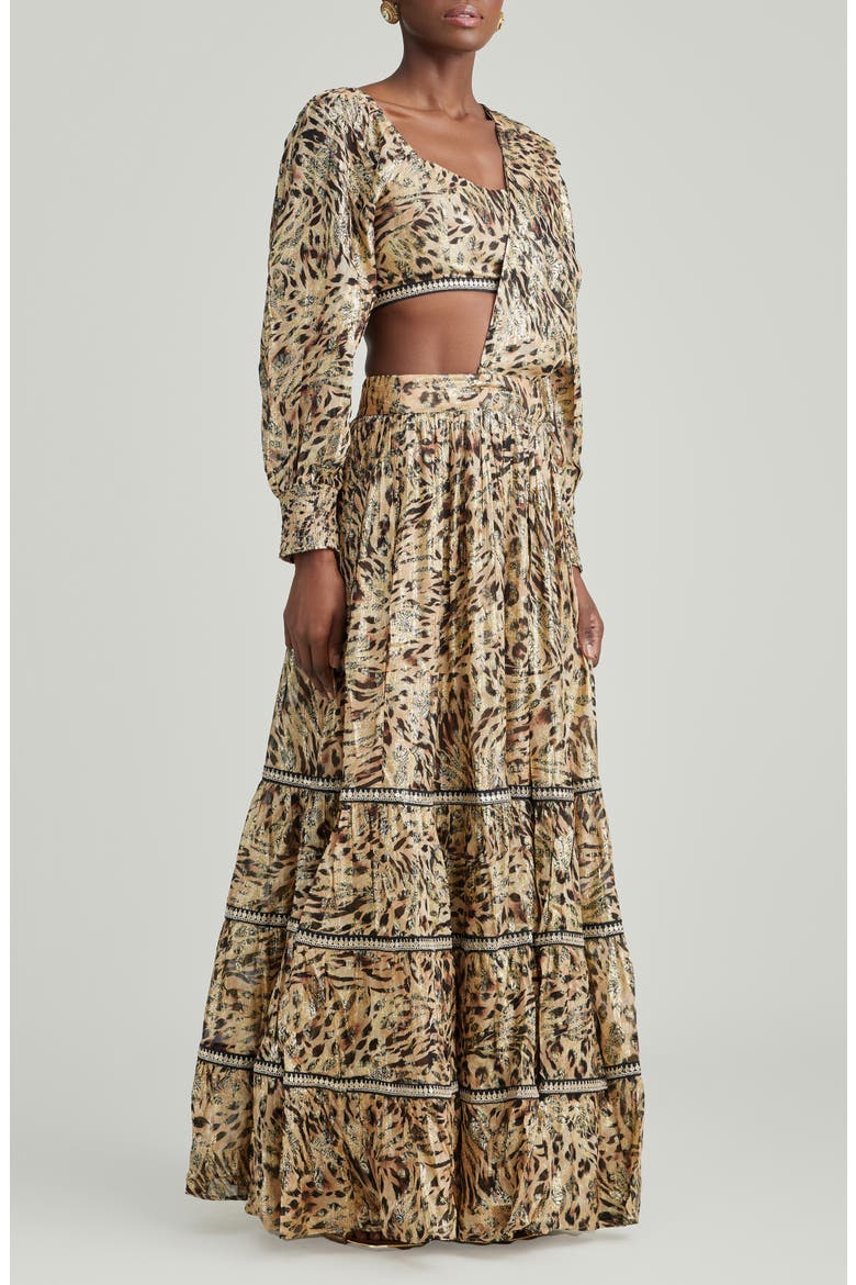 Kiara Metallic Leopard Print Lehenga Set, Alternate, color, BROWN