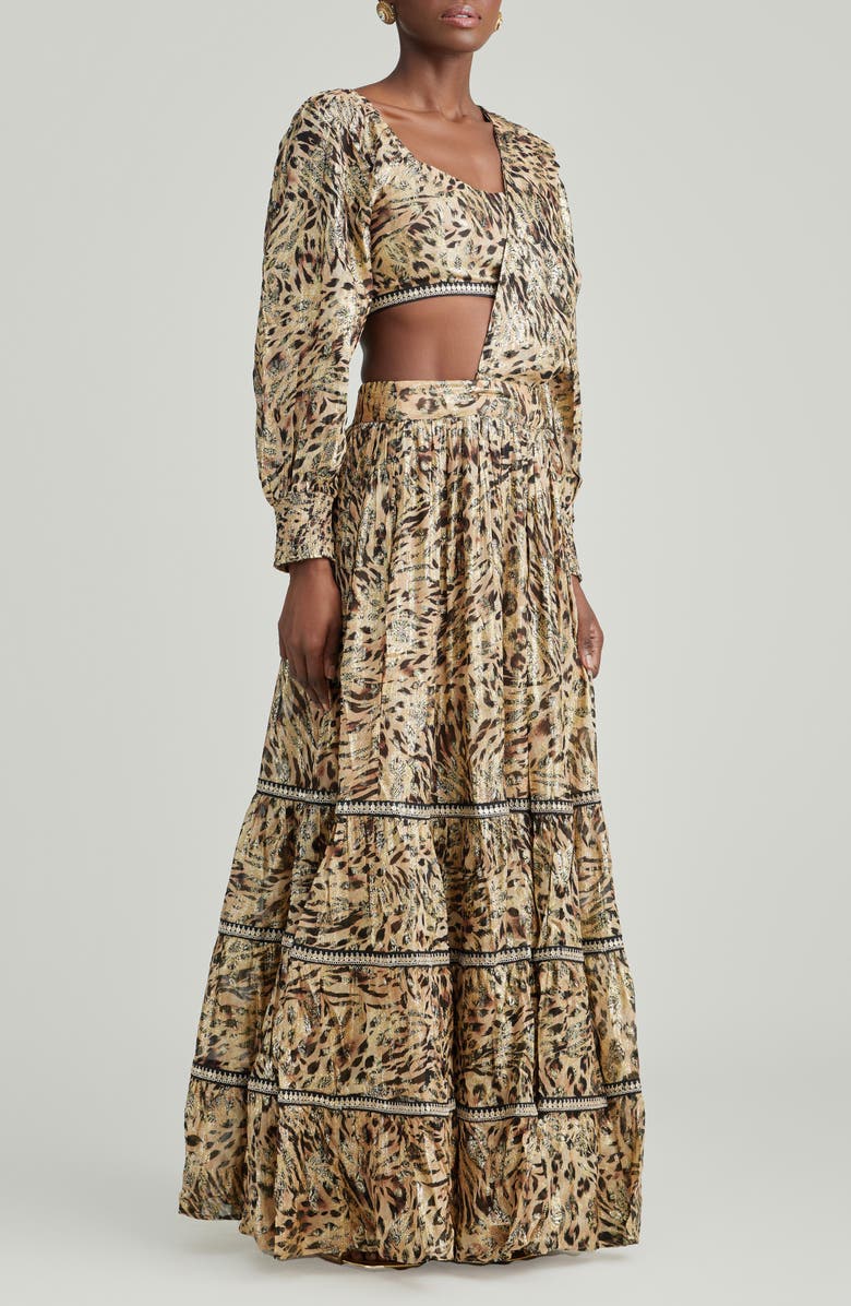 holiCHIC Kiara Metallic Leopard Print Lehenga Set, Alternate, color, Brown