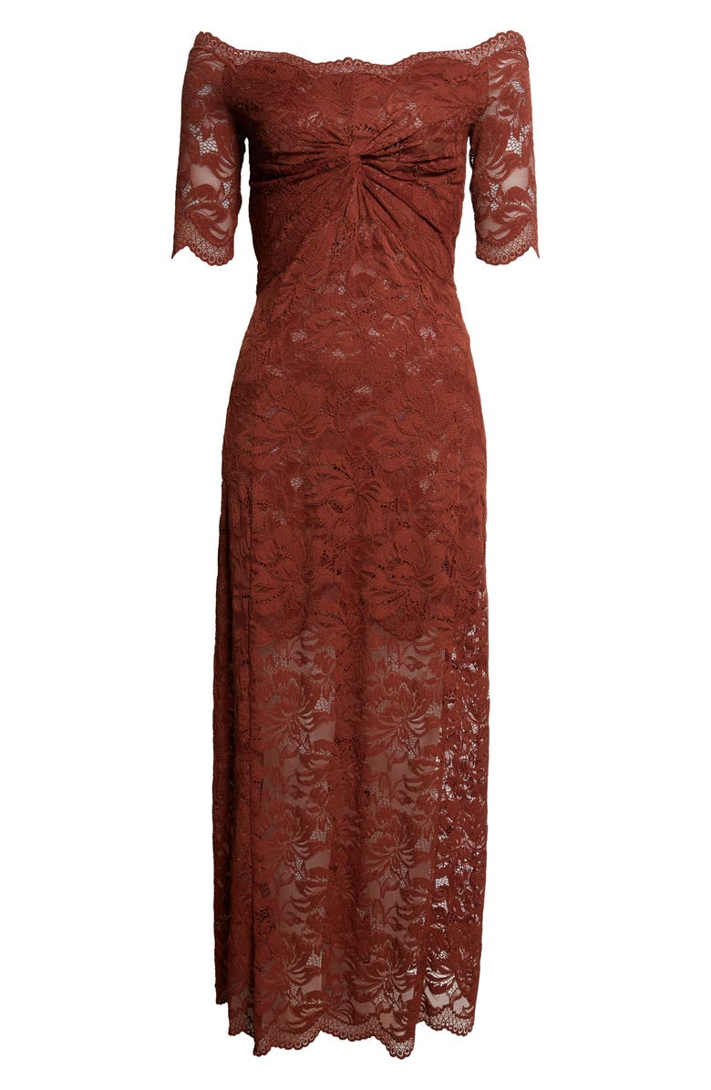 Rabanne Twist Front Off the Shoulder Lace Midi Dress, Alternate, color, Cinamon Brown