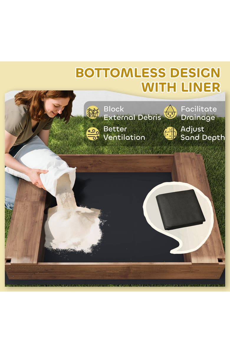 Qaba Kids Wooden Sandbox with Canopy, 2 Bench Seats & Bottom Liner, Alternate, color, Brown