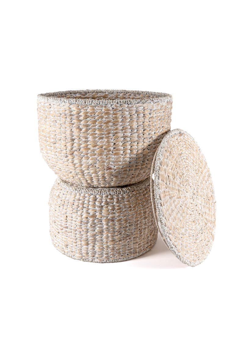 Bhola Hourglass Handwoven Hyacinth Storage Accent Table with Lid, Alternate, color, White Wash