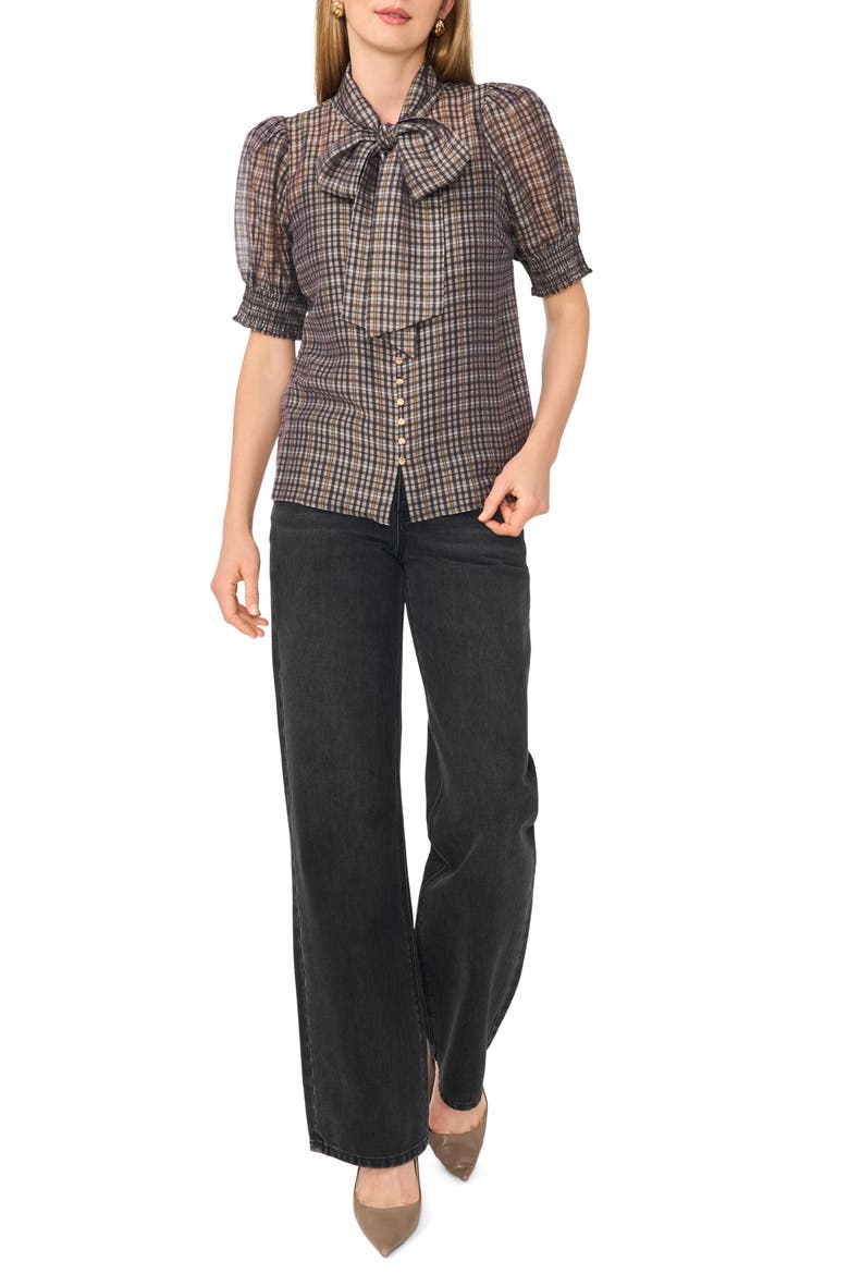 Plaid Tie Neck Short Sleeve Top, Alternate, color, RICH BLACK PLAID