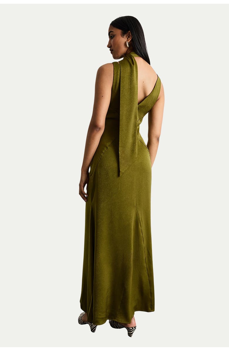 Warehouse Plain Scarf Detail Tie Neck Maxi Dress, Alternate, color, Olive