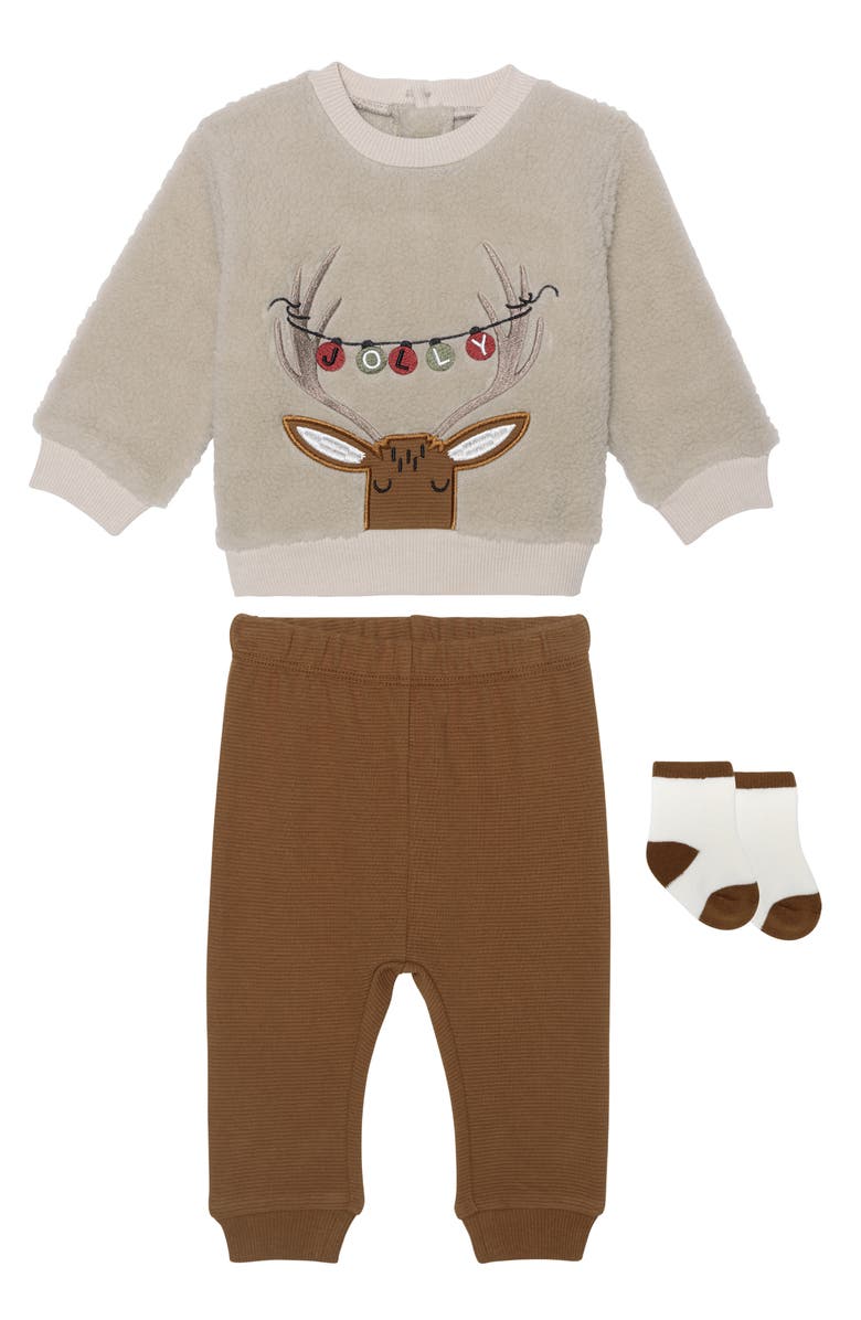 PL Baby by Petit Lem Faux Shearling Sweatshirt, Leggings & Socks Set, Main, color, 