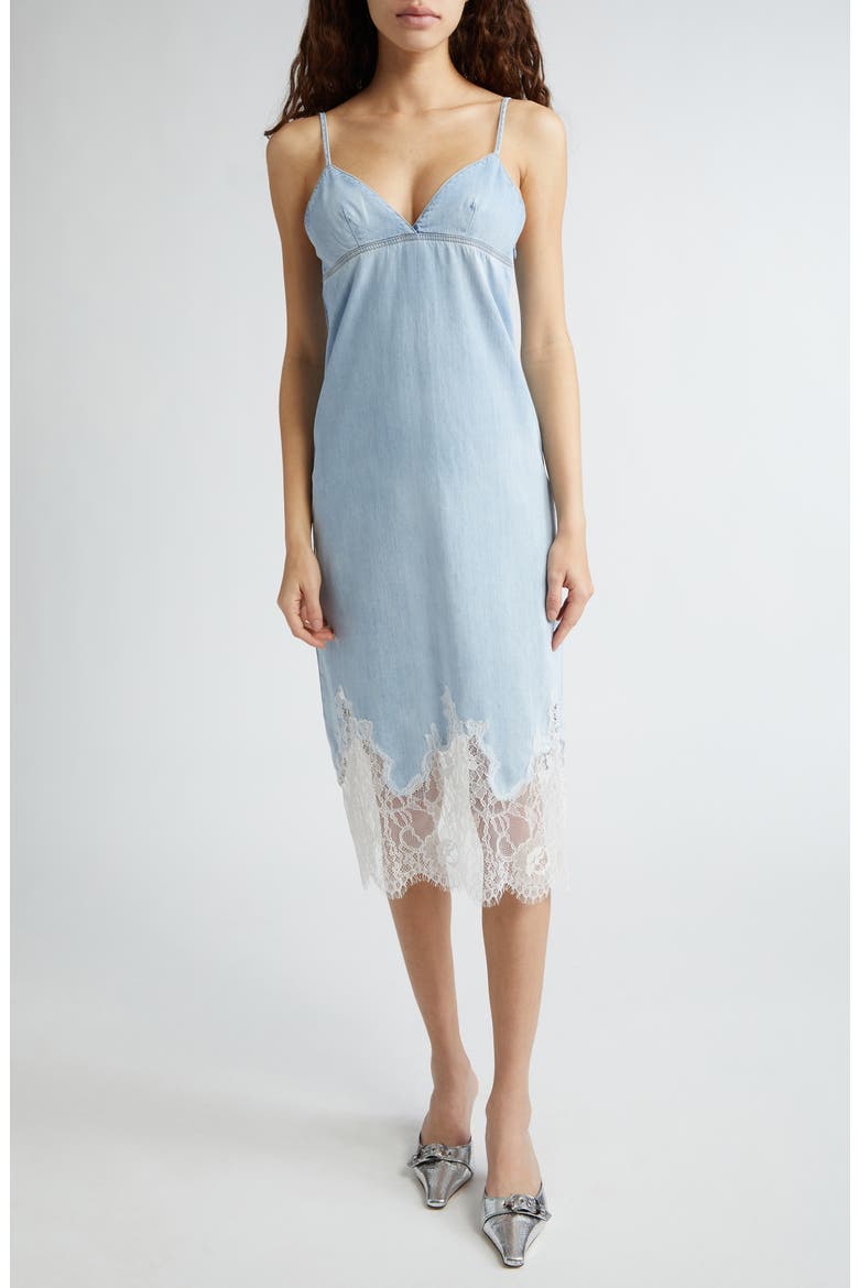 De-Rude-S Denim & Lace Midi Dress, Main, color, DENIM