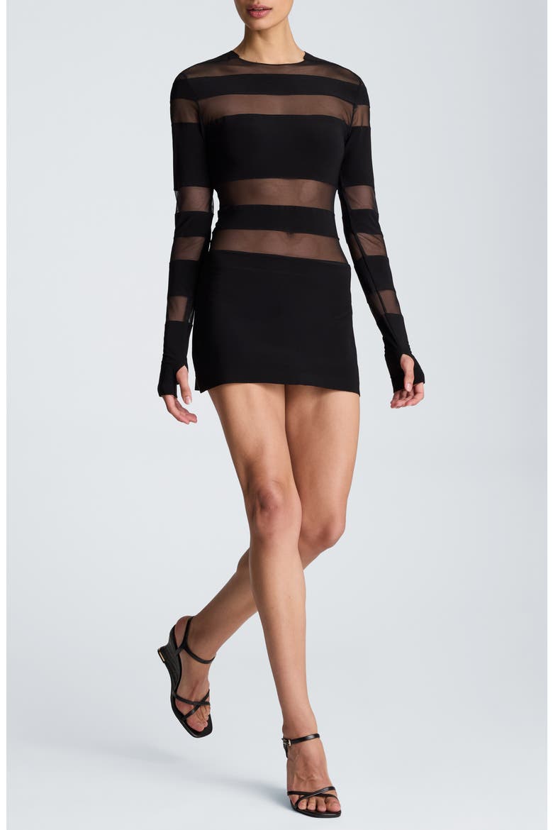 Long Sleeve Sheer Stripe Minidress, Main, color, BLACK