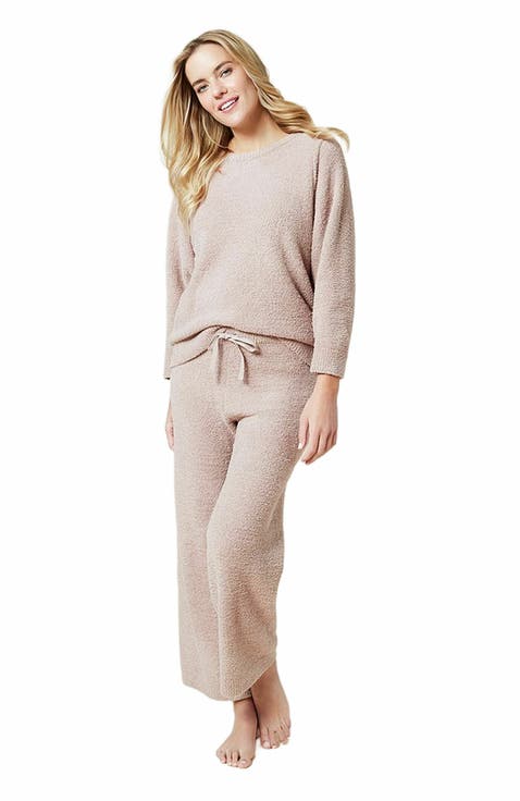 Solid Marshmallow Reverse Seam Crew Neck Lounge Set with Bracelet Sleeve