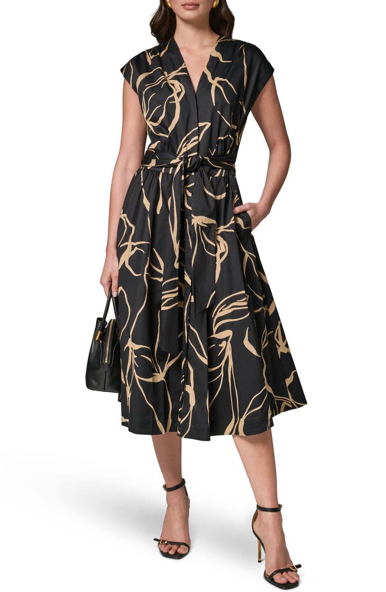 Donna Karan New York Abstract Print Stretch Cotton Midi Dress, Main, color, Black/ Fawn