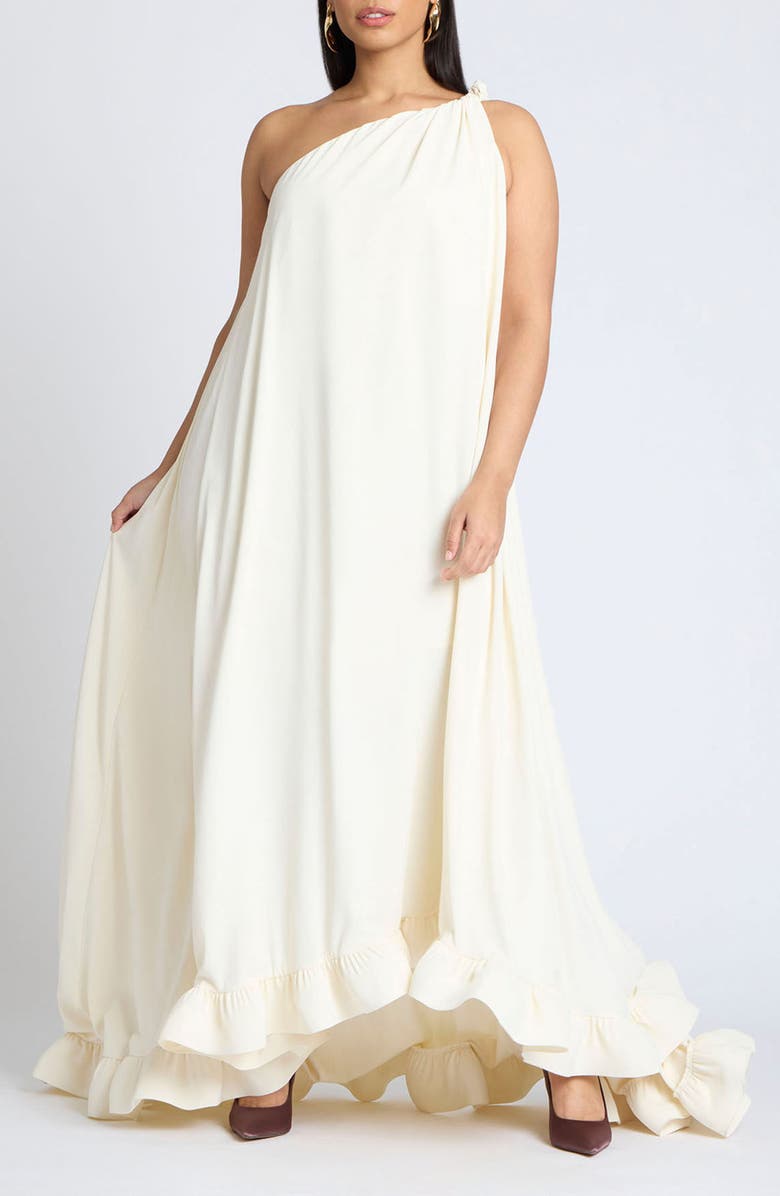 ELOQUII Dramatic One-Shoulder Ruffle High-Low Gown, Main, color, 