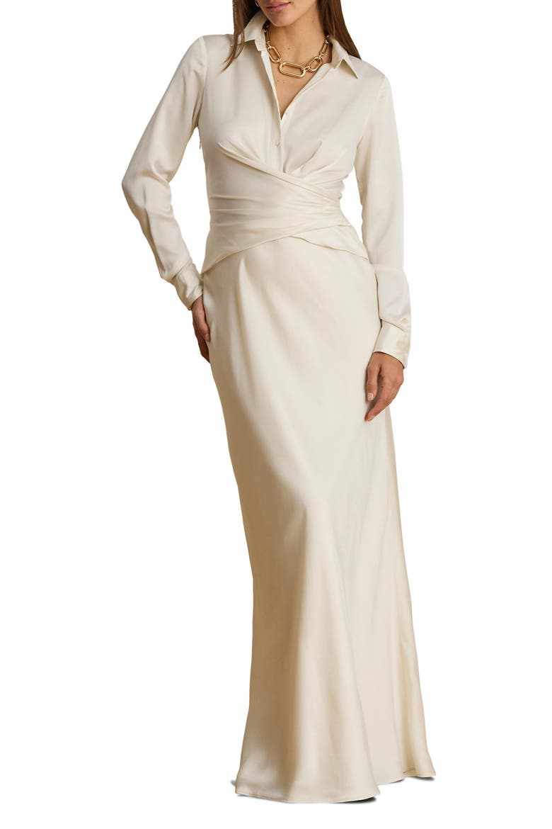 Featherweight Satin Charmeuse Shirtdress Gown, Main, color, MASCARPONE CREAM