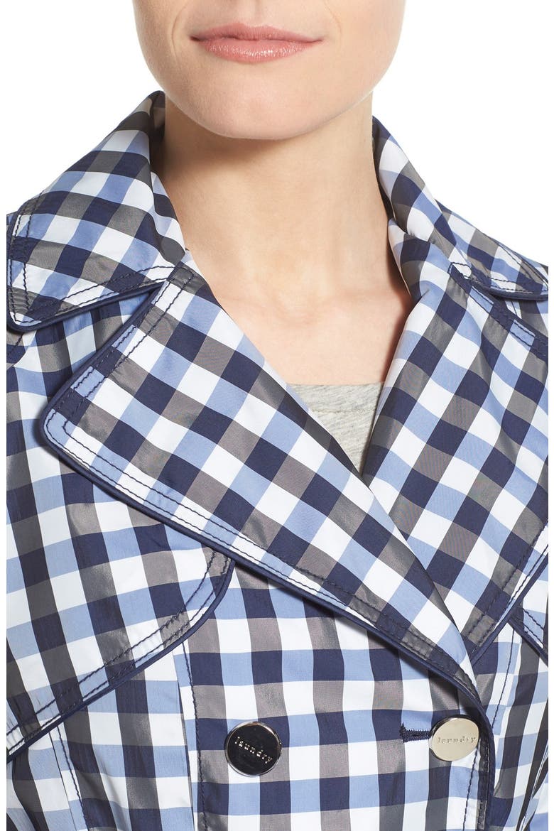 Gingham Print Double Breasted Trench Coat, Alternate, color, BLUE/ BLACK