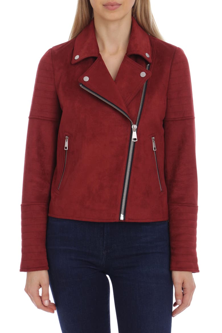 Faux Suede Moto Jacket, Main, color, BURGUNDY