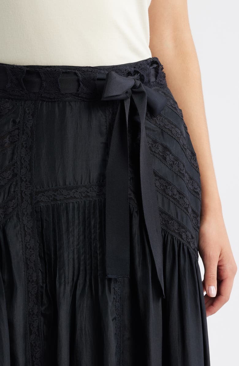LoveShackFancy Beloria Lace Trim Silk Maxi Skirt, Alternate, color, Black