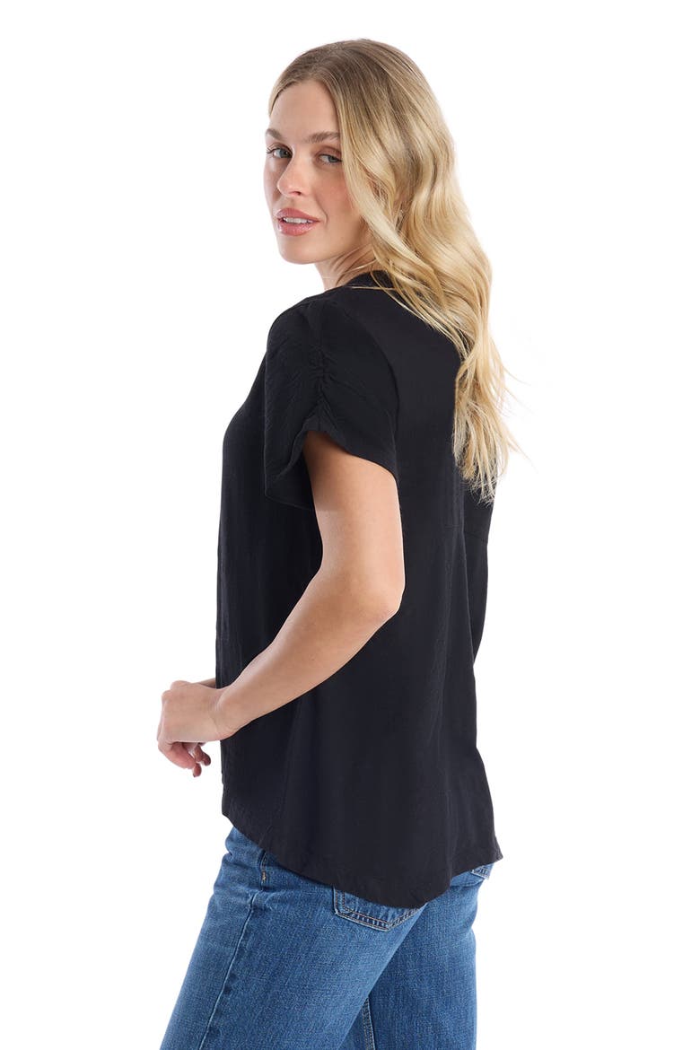 Deep V-Neck Ruched Sleeve Tee, Alternate, color, Black