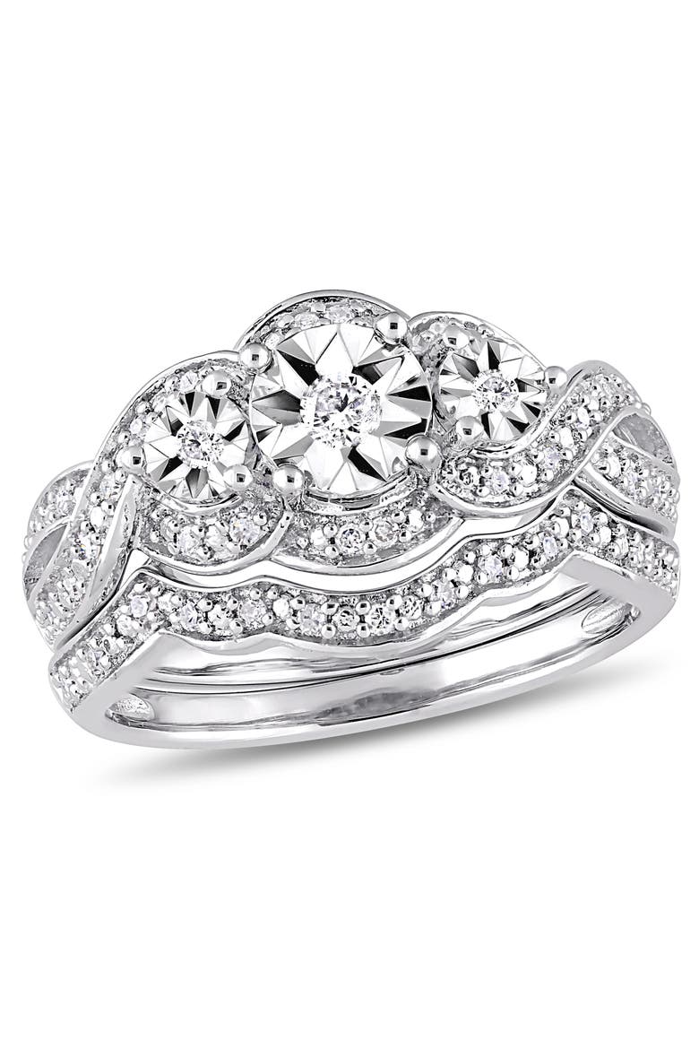Diamond 3-Stone Bridal Ring Set, Main, color, Sterling Silver