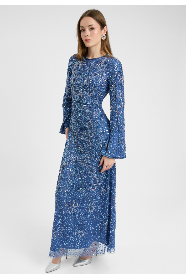Modest Embellished Sequin Beaded Dress Maxi With High Detailed Work, Alternate, color, POWDER BLUE