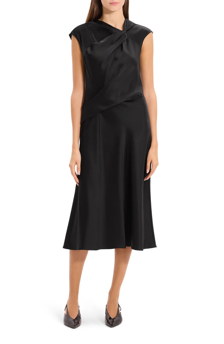 Theory Twist Bodice Satin Midi Dress, Main, color, Black
