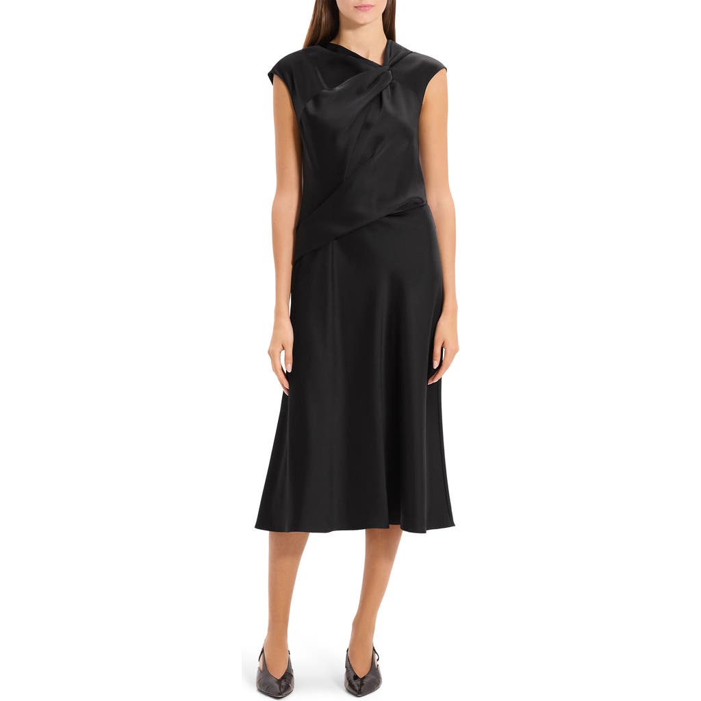 Theory Twist Bodice Satin Midi Dress In Black