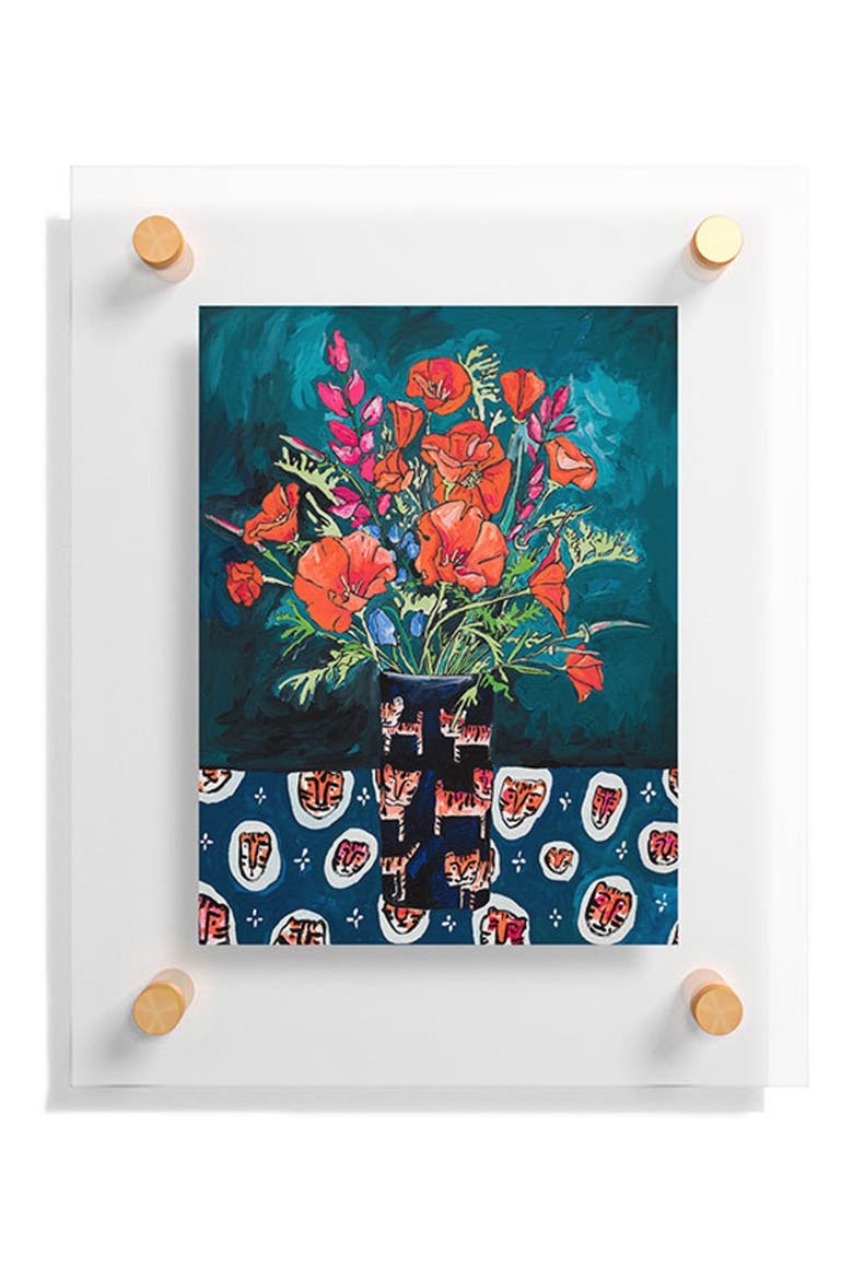 California Summer Bouquet Oranges & Lily Blossoms in Blue & White Urn Floating Art Print, Alternate, color, BLUE