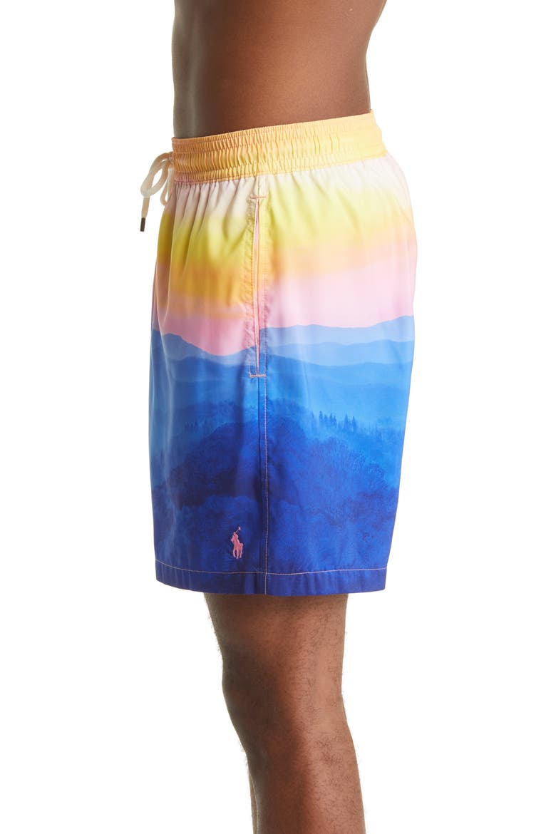 Traveler Sunset Print Swim Trunks, Alternate, color, RIDGECREST PHOTO PRINT