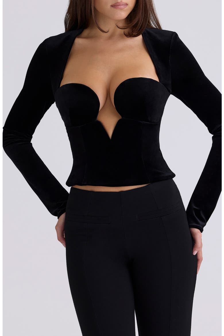 Sierra Long Sleeve Stretch Velvet Corset Top, Alternate, color, BLACK