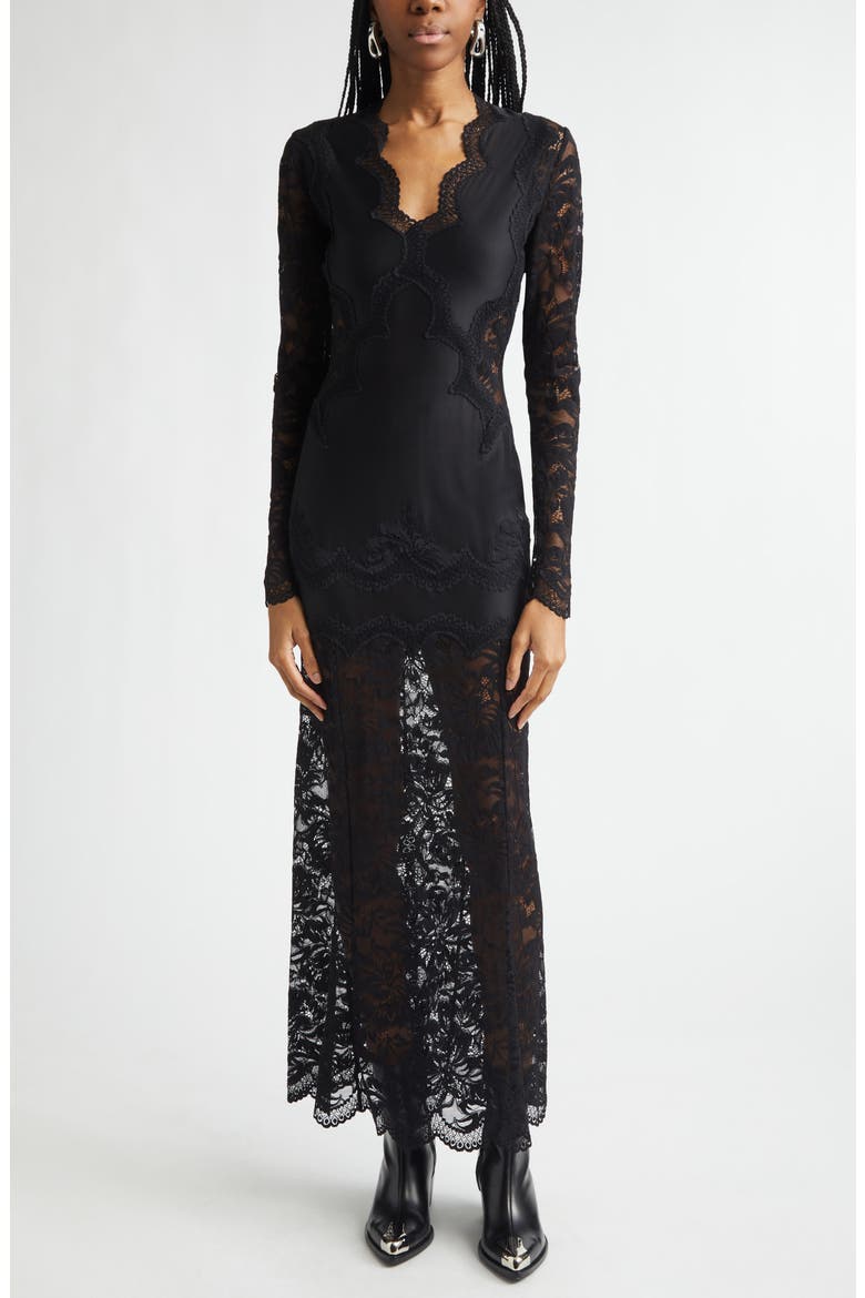 Long Sleeve Jersey & Lace Gown, Main, color, BLACK