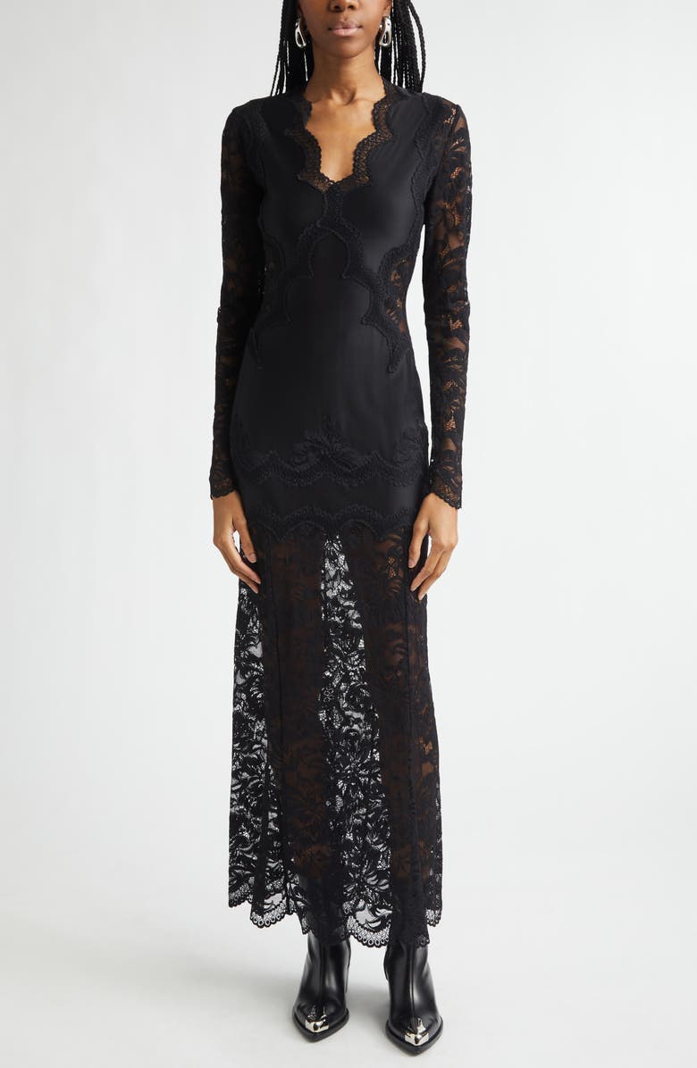 Rabanne Long Sleeve Jersey & Lace Gown, Main, color, Black