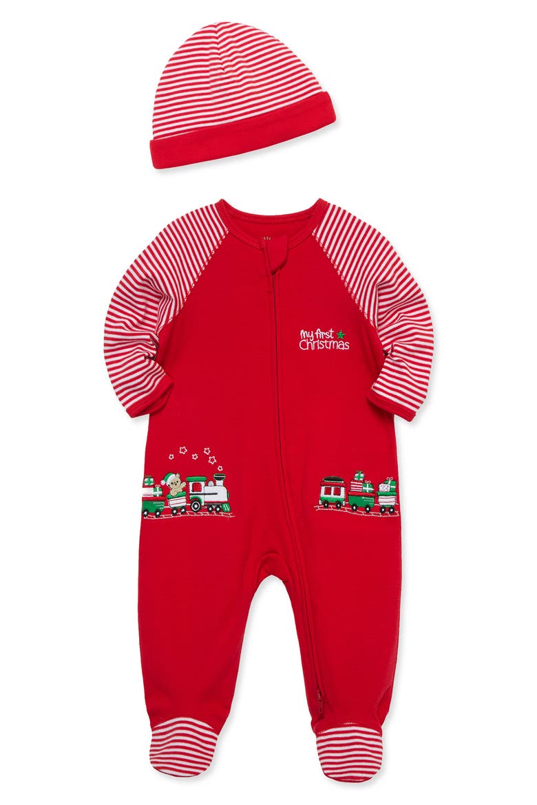 Kids' Holiday Train Footie & Hat Set, Alternate, color, RED