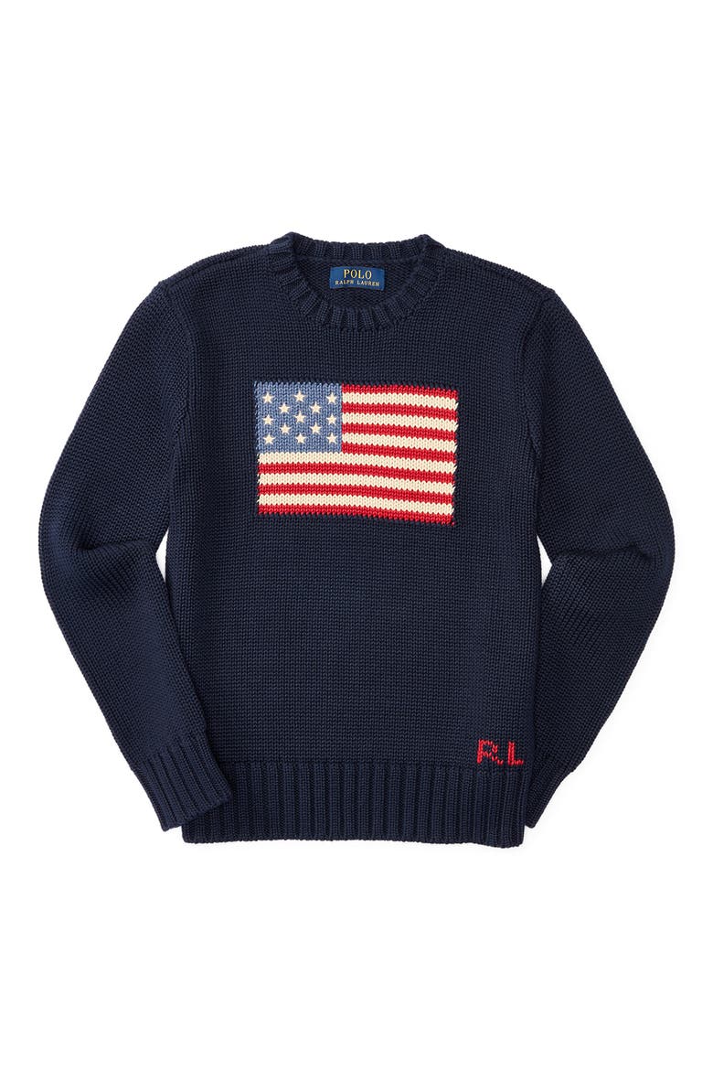 Kids' American Flag Cotton Crewneck Sweater, Main, color, HUNTER NAVY