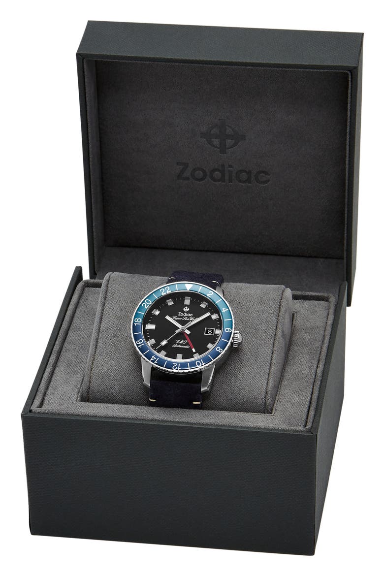 GMT Automatic Leather Strap Watch, 40mm, Alternate, color, BLUE