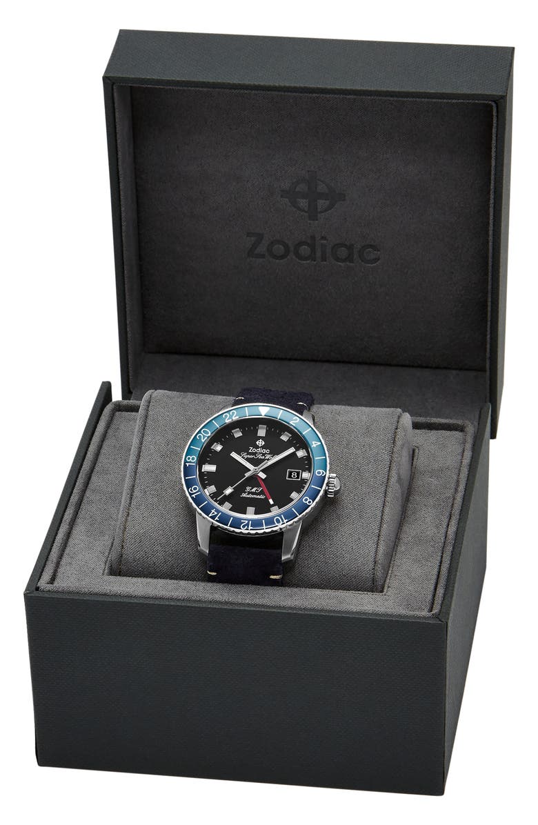 Zodiac GMT Automatic Leather Strap Watch, 40mm, Alternate, color,