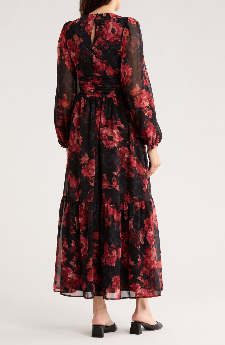 Chelsea28 Split Long Sleeve Tiered Dress, Alternate, color, Black- Pink Canvased Blooms