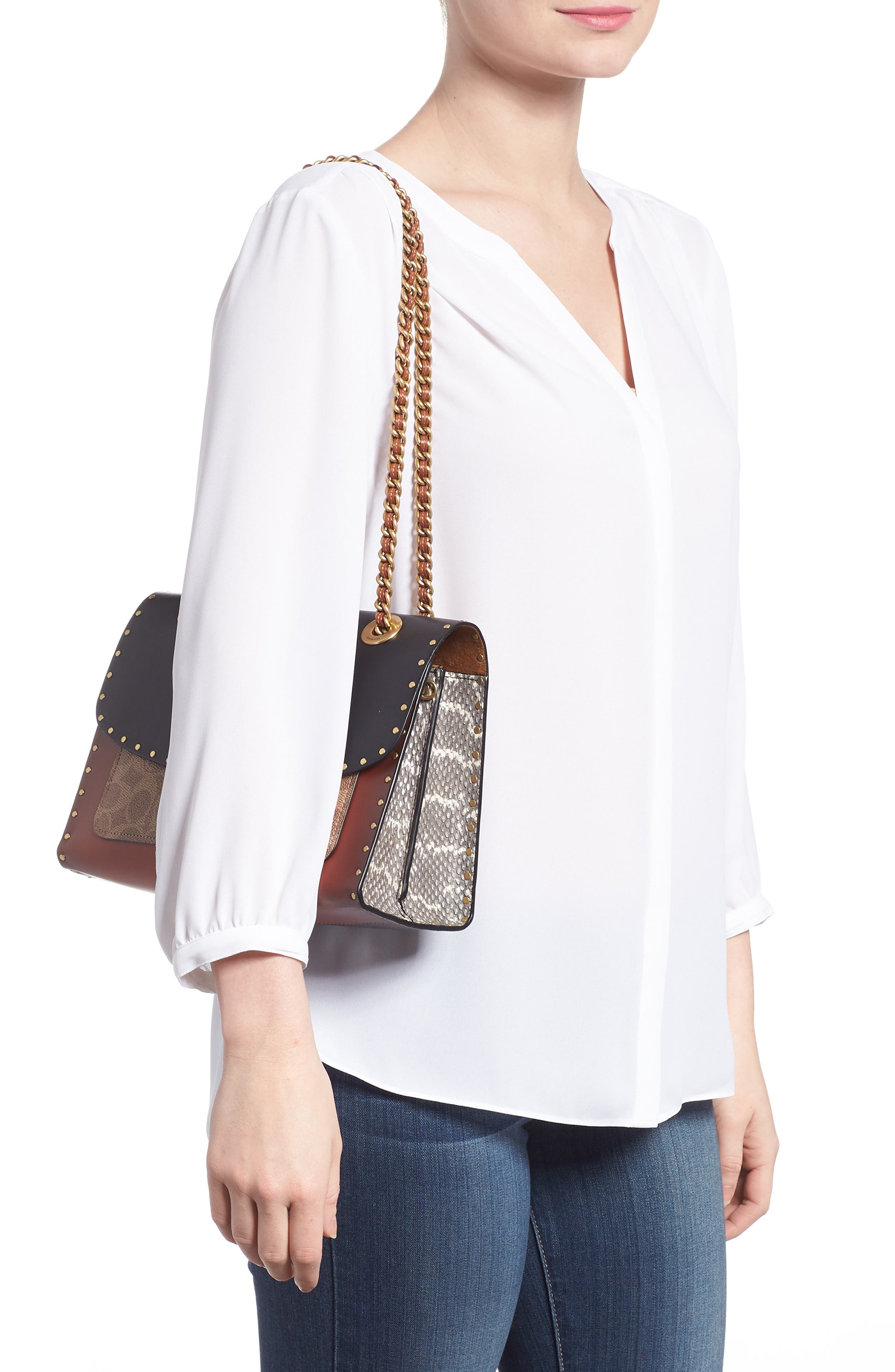 COACH Parker Leather & Genuine Snakeskin Shoulder Bag, Alternate, color, 