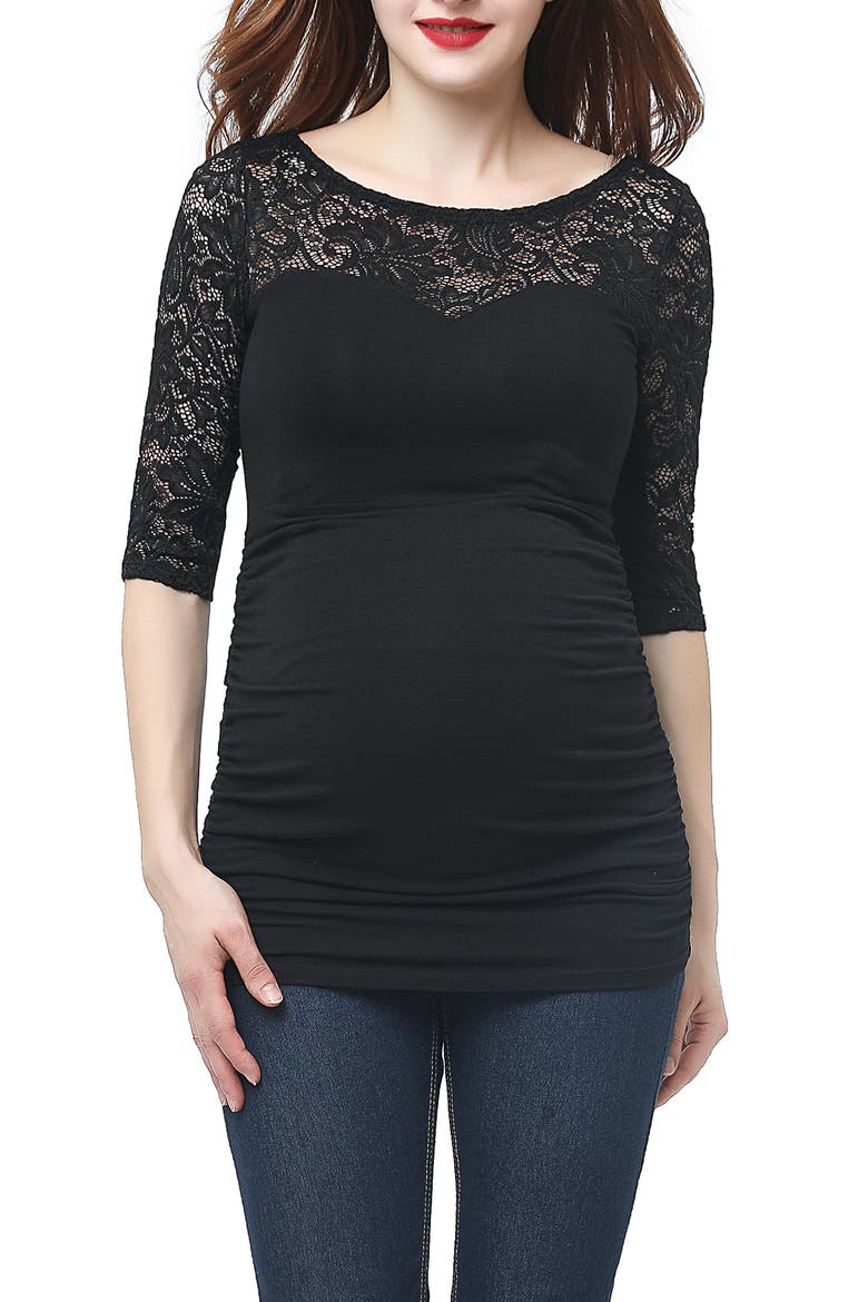 Lace Trim Ruched Maternity Top, Main, color, BLACK