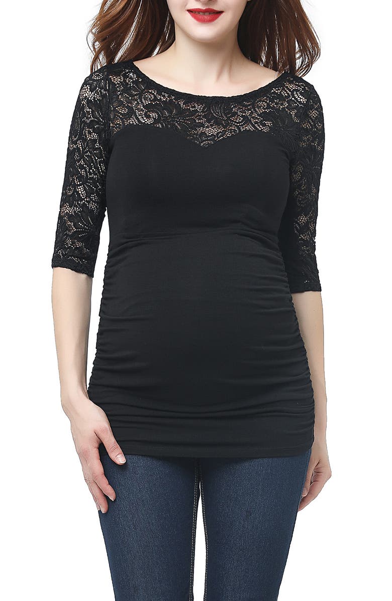 Kimi and Kai Lace Trim Ruched Maternity Top, Main, color, Black