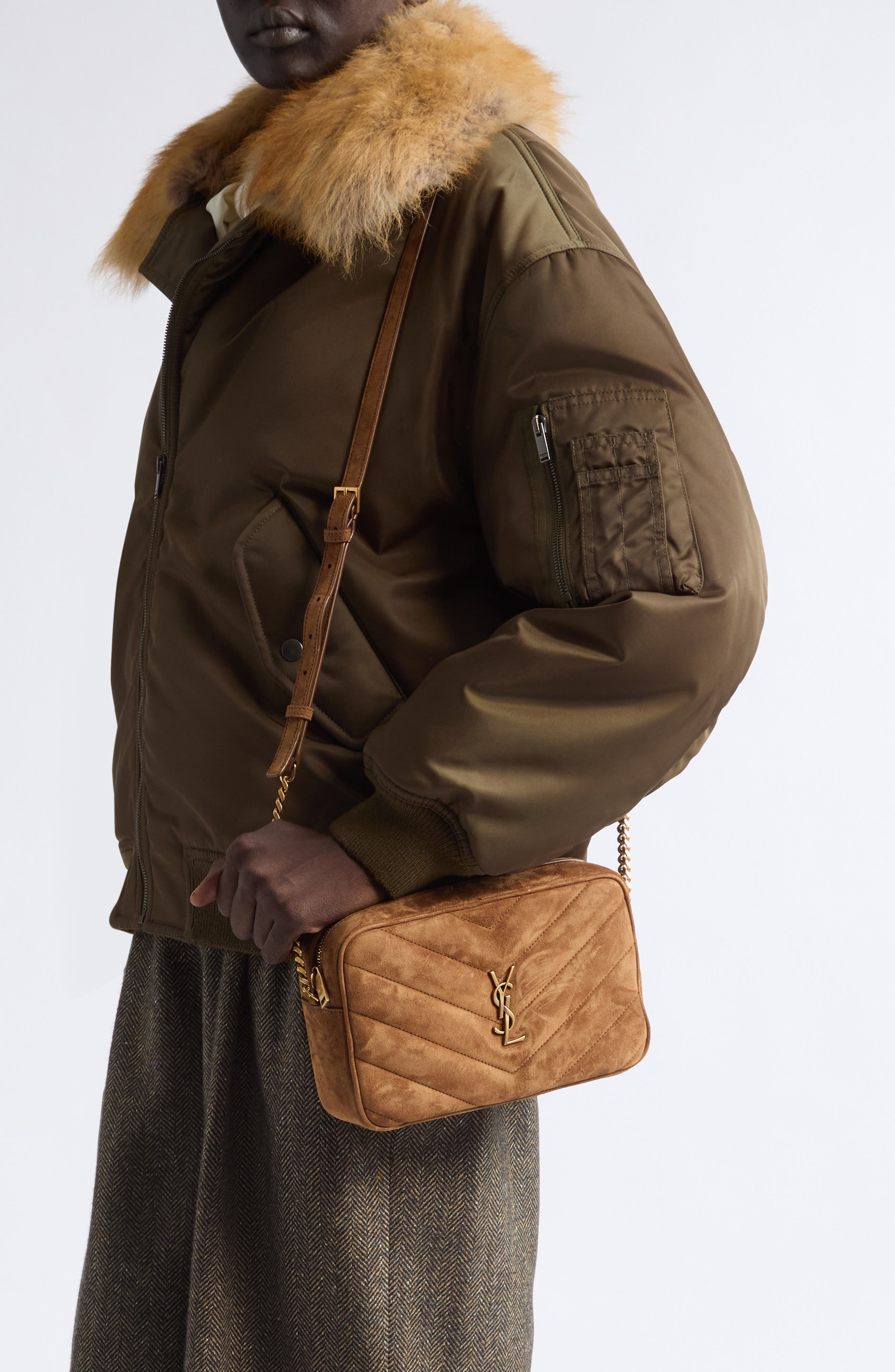 Loulou Matelassé Suede Camera Bag, Alternate, color, CARAMEL COGNAC