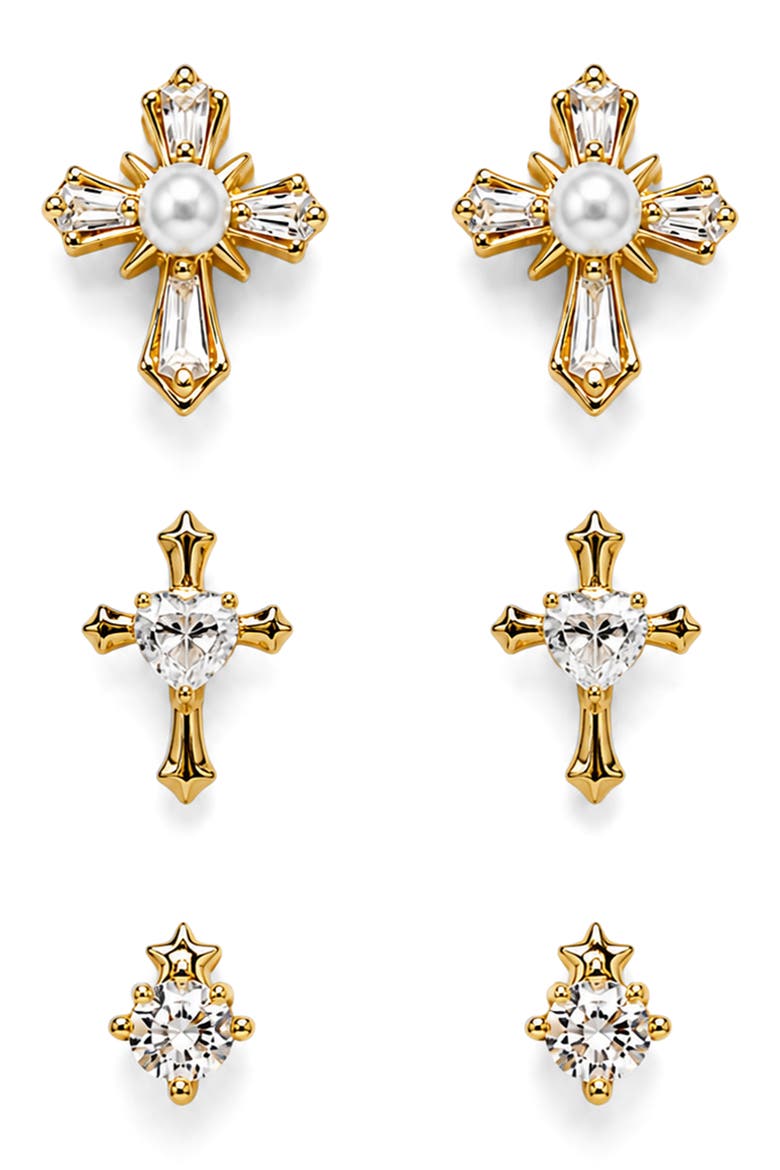 Set of 3 Crystal Cross Stud Earrings, Main, color, GOLD