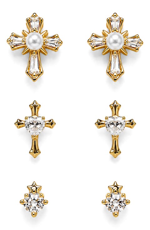 Set of 3 Crystal Cross Stud Earrings