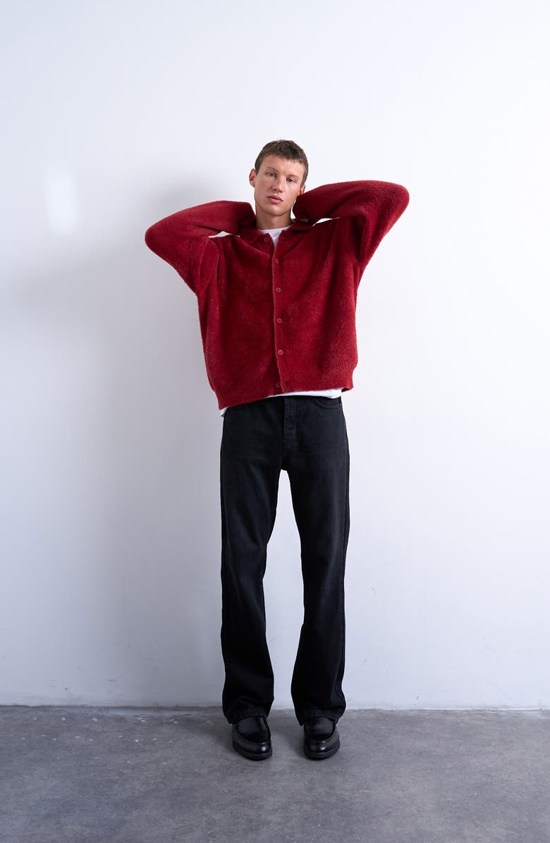 Topman Fluffy Collared Cardigan, Alternate, color, Burgundy