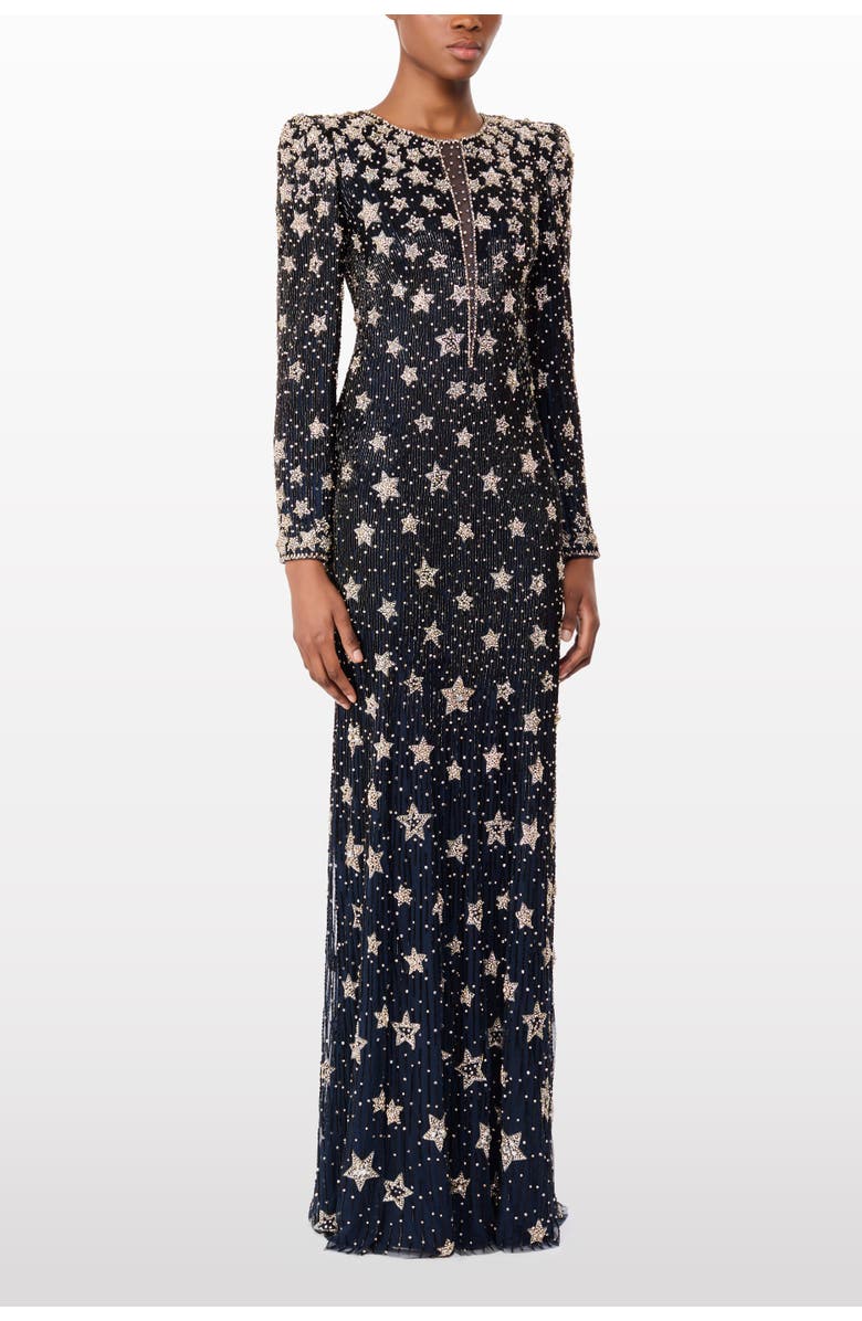 Jenny Packham Madrigal star-embellished long-sleeve maxi dress, Alternate, color, Blackthorne Blue