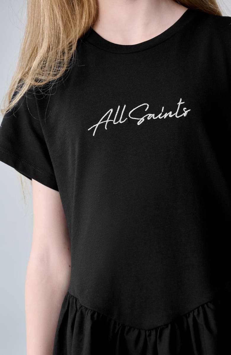 smALLSAINTS by ALLSAINTS Kids' Script Logo Chevron Waist T-Shirt Dress, Alternate, color, Black
