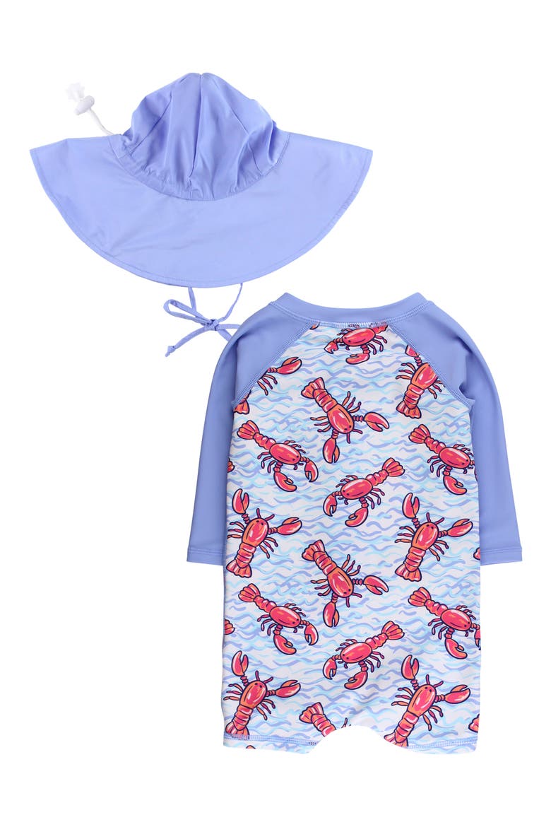 Kids' Lobster Lagoon One-Piece Rashguard Swimsuit & Sun Hat Set, Alternate, color, BLUE