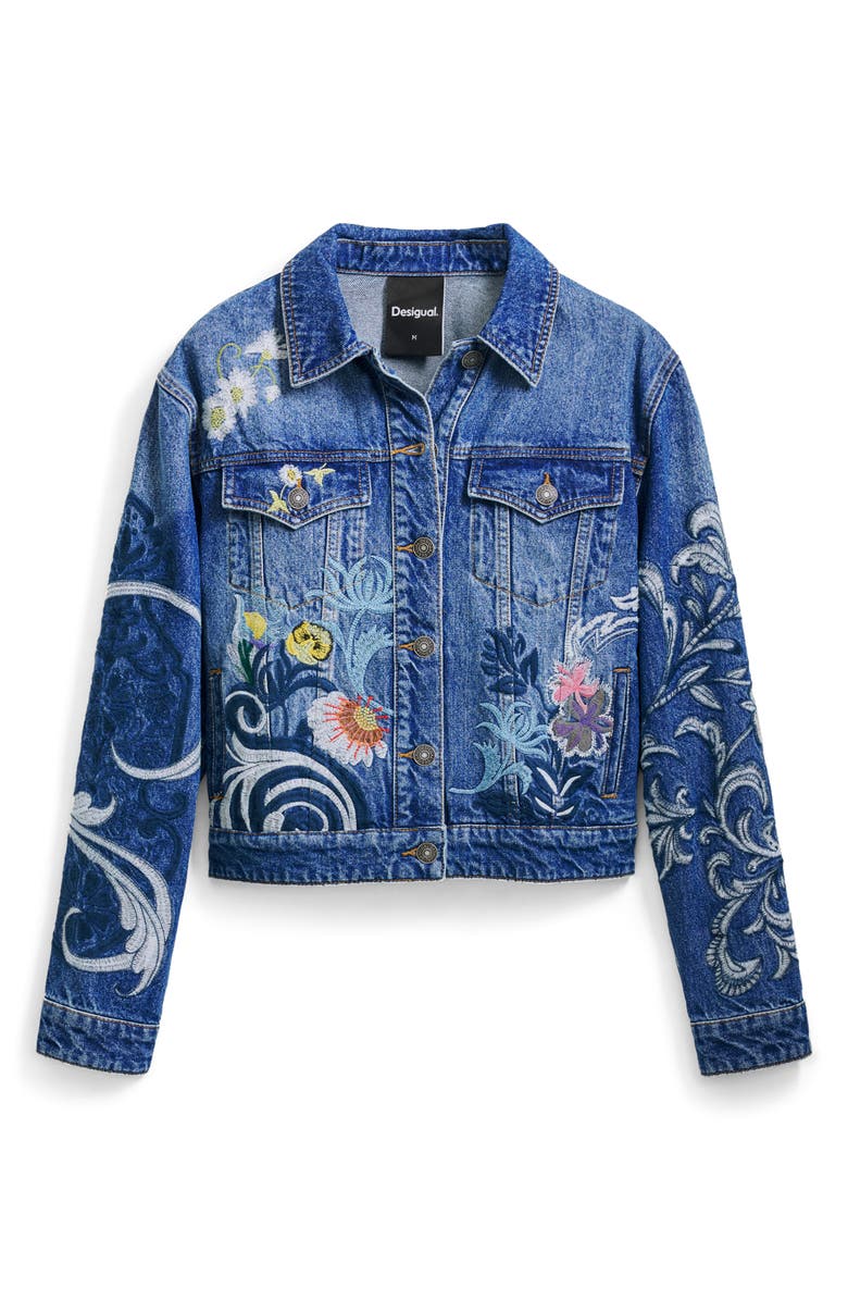 Desigual Embroidered Denim Trucker Jacket, Alternate, color, Medium Blue
