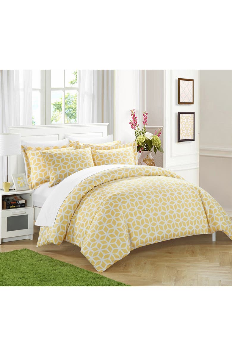 CHIC Queen Avaline Geometric Diamond Printed Reversible Duvet Cover 3-Piece Set - Yellow, Alternate, color, 