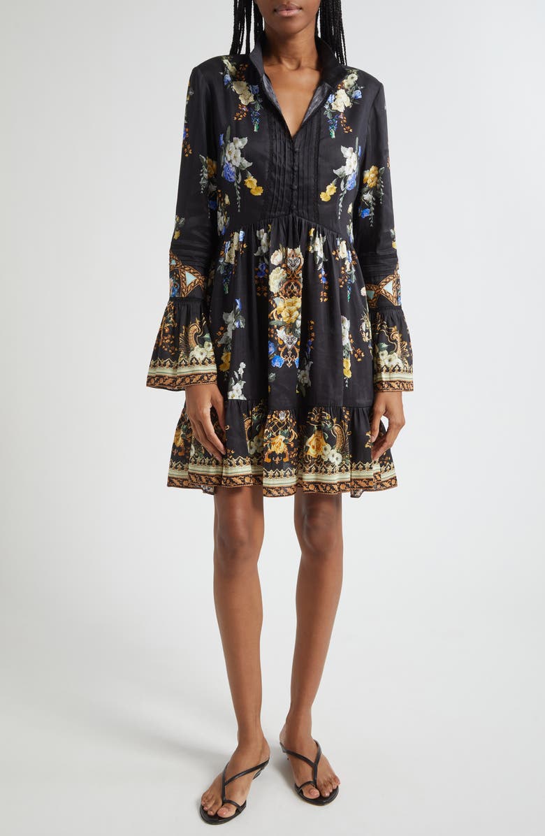 Camilla Ottoman Elegance Long Sleeve Linen & Silk Minidress, Main, color, Ottoman Elegance