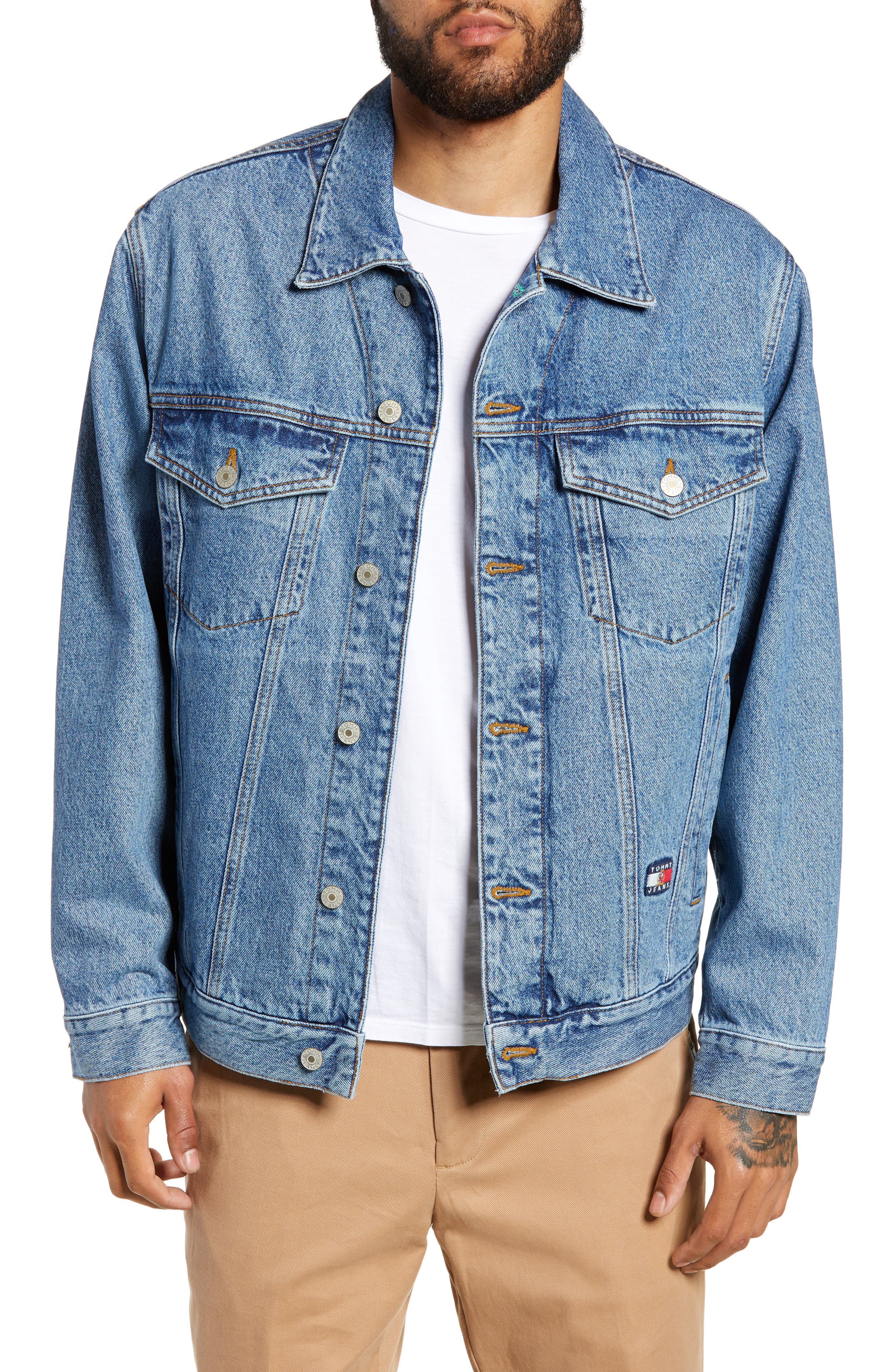 TOMMY JEANS Embroidered Crest Flag Denim Jacket (Men) | Nordstrom