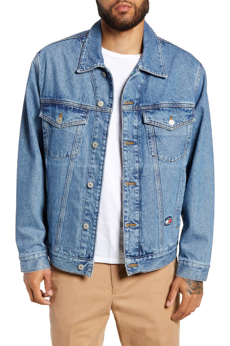 Embroidered Crest Flag Denim Jacket, Main, color, MID DENIM BLUE
