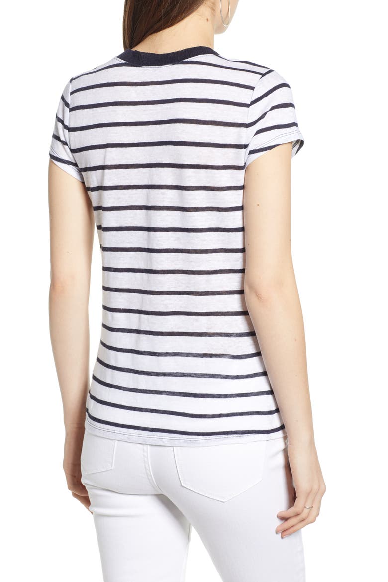 Cap Sleeve V-Neck Linen Tee, Alternate, color, NAVY ECLIPSE STRIPE