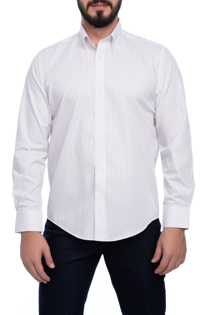 VELLAPAIS Stripe Cotton Slim Fit Button Down Shirt, Main, color, White