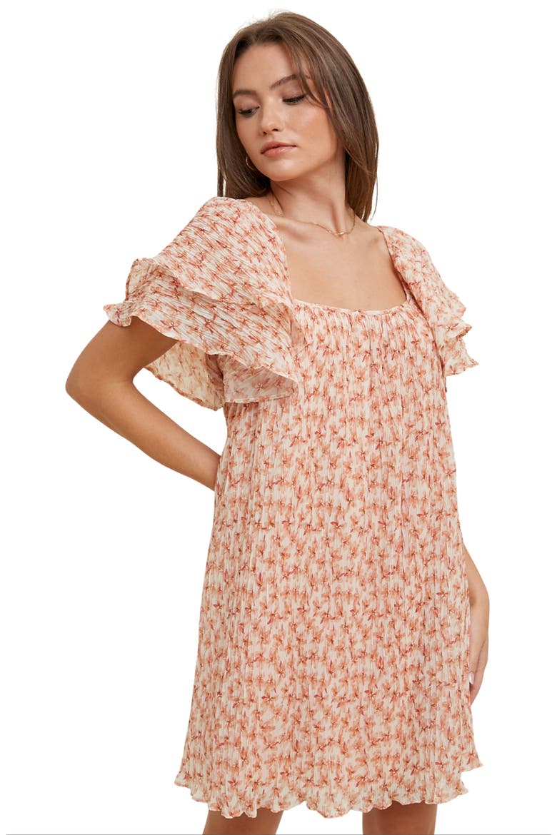 Floral Pleated Minidress, Alternate, color, APRICOT